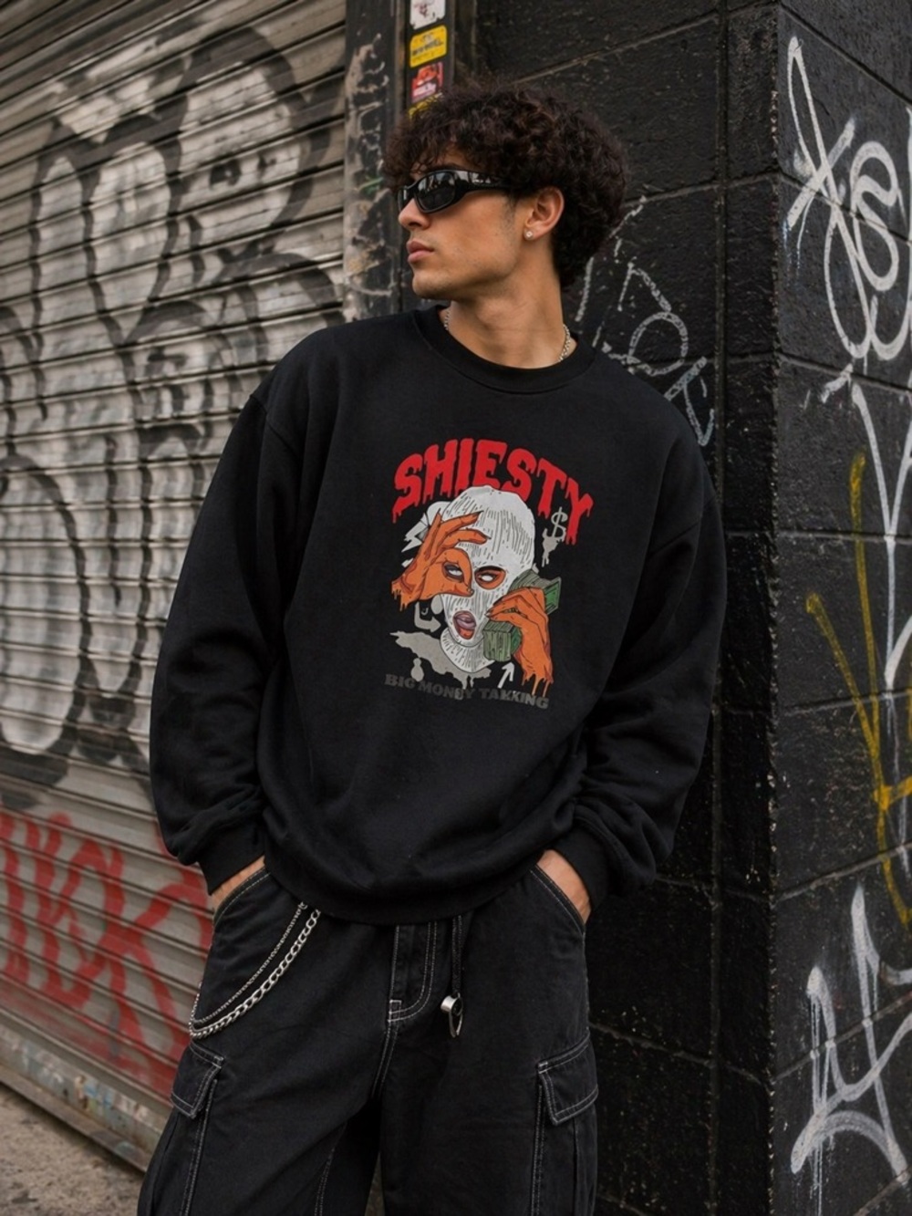 Black Graphic Crewneck Sweater “ Shiesty “ Size XL Unisex